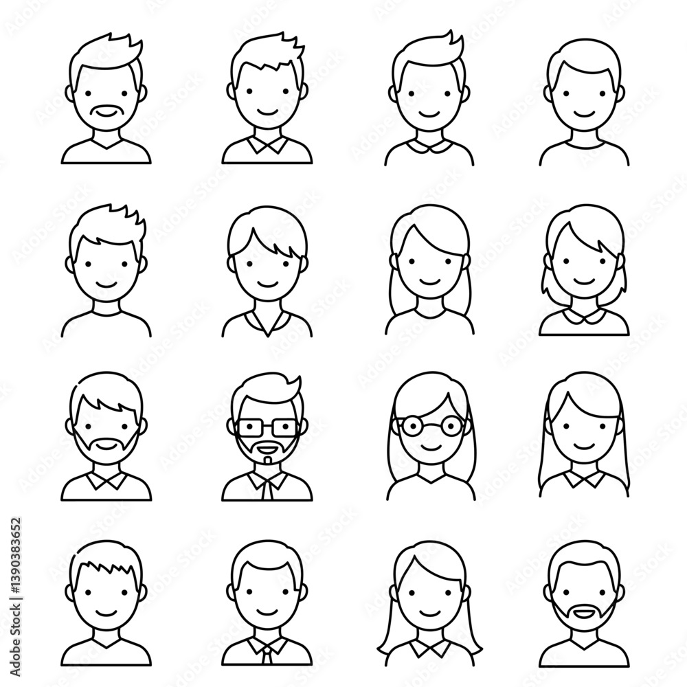 Diverse Avatars Set: A collection of avatar icons with various appearances, perfect for representing different individuals in a user-friendly and modern style. Diverse Avatars Set: A collection of avatar icons with various appearances, perfect for representing different individuals in a user-friendly and modern style.