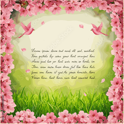 Spring Blossom Reverie: A digital art piece unfolds, with delicate cherry blossoms framing a central scene featuring verdant grass, soft-hued birds, and poetic verses, an invitation to a tranquil.