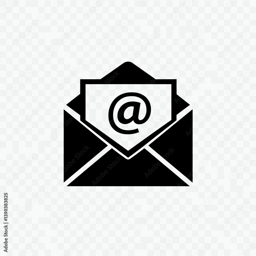 Email Icon: A simple black and white graphic of an opened envelope displaying an Email Icon: A simple black and white graphic of an opened envelope displaying an