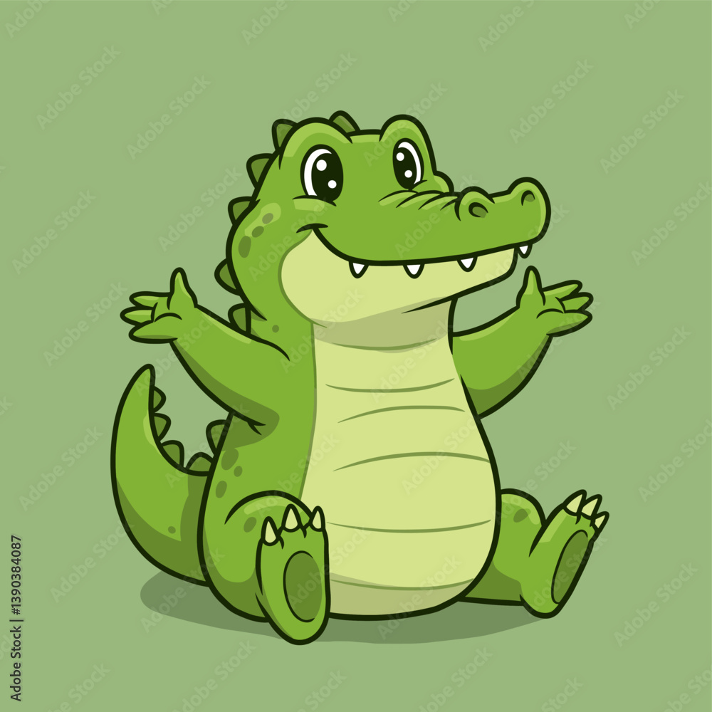 Fototapeta premium Cartoon Alligator's Happy Embrace: An animated alligator, rendered with playful lines and cheerful colors, extends its arms in a welcoming gesture, embodying a delightful sense of friendship.