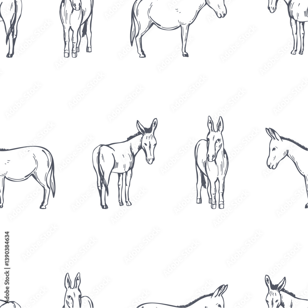 Fototapeta premium Hand-drawn donkey. Vector seamless pattern.