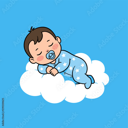 Dreaming in Cloud Nine: A sweet baby sleeps soundly, nestled on a soft cloud, symbolizing peace and serenity, with a pacifier in its mouth.