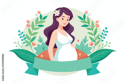 Illustration of a pregnant woman with long dark hair wearing a white dress and a flower in her hair, surrounded by greenery and flowers.