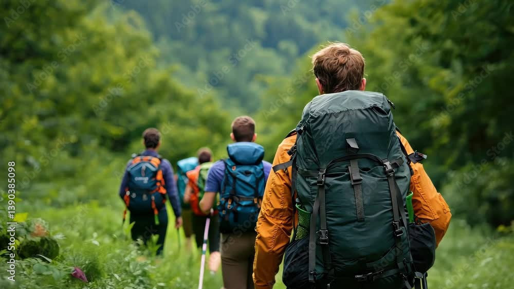 Group of Hikers Trekking Through Lush Green Forest Trail Group of Hikers Trekking Through Lush Green Forest Trail