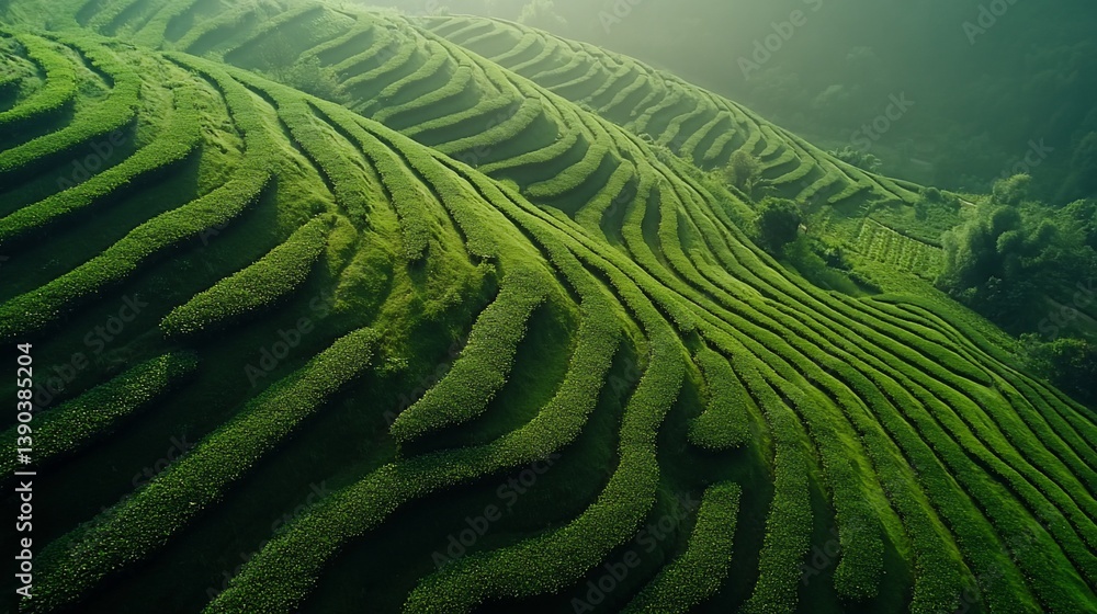 Lush green tea plantation terraces cascading down misty hillsides Lush green tea plantation terraces cascading down misty hillsides
