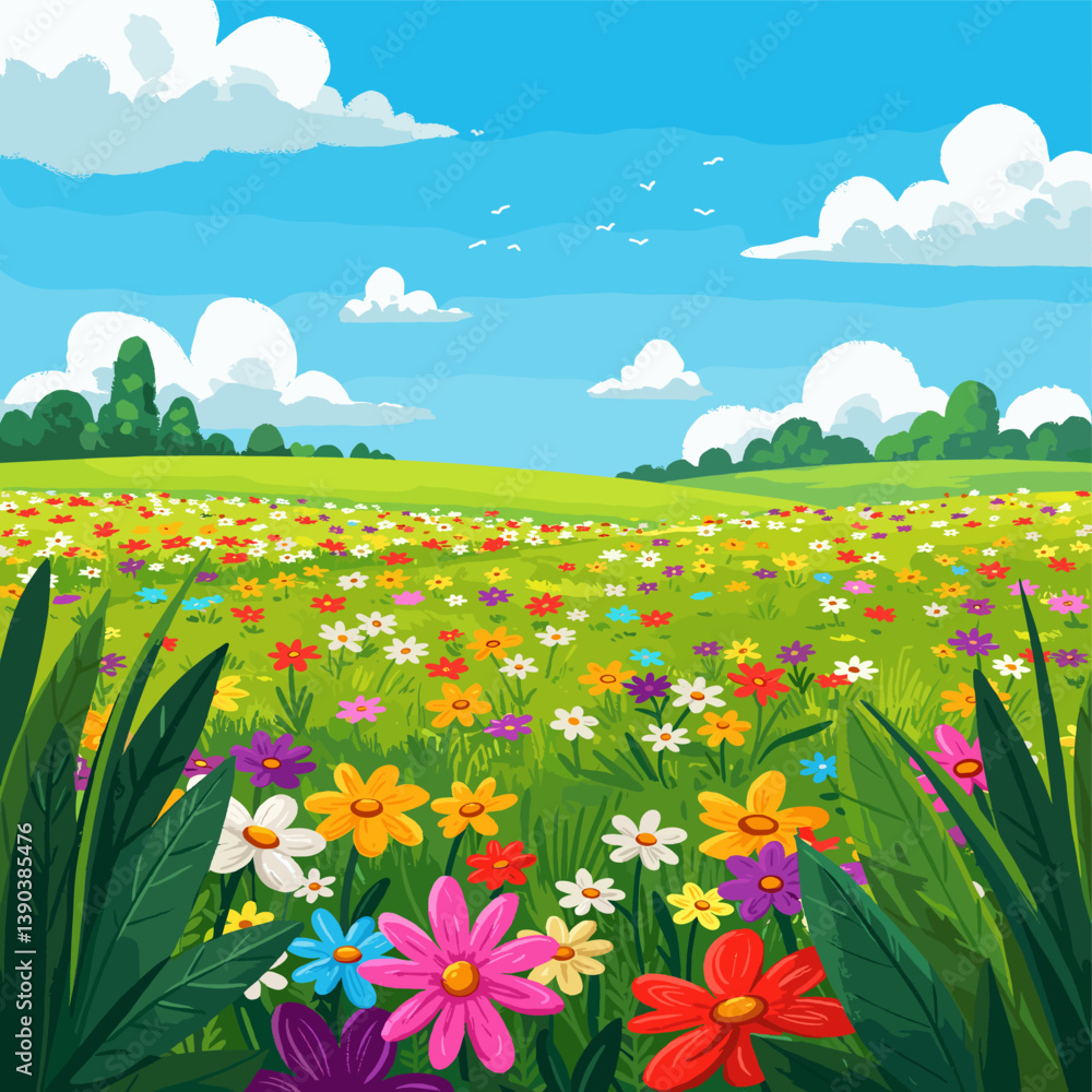 Naklejka premium Blossoming Meadow: A vibrant, colorful, and beautiful meadow illustration filled with diverse flowers under a bright blue sky, invoking feelings of joy, beauty, and peace.