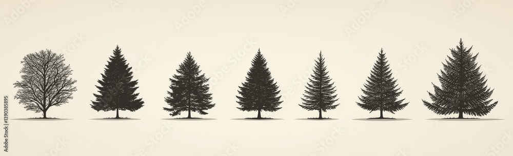 Obraz premium Contemporary illustrations of tree travel badges, highlighting black silhouettes of pine, spruce, cedar, and plant leaves in an artistic stem representation