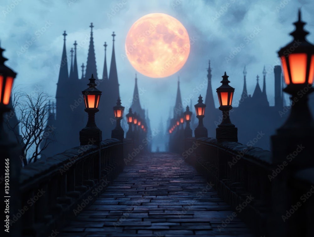 Naklejka premium The winding streets of a European city, gothic rooftops kissed by moonlight, lanterns flickering in the distance, timeless and magical