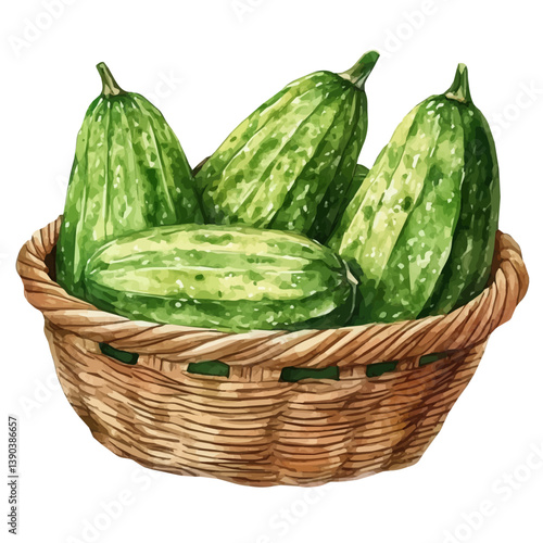 A watercolor painting of a Bitter Melon basket, isolated on a white background. Bitter Melon basket vector

