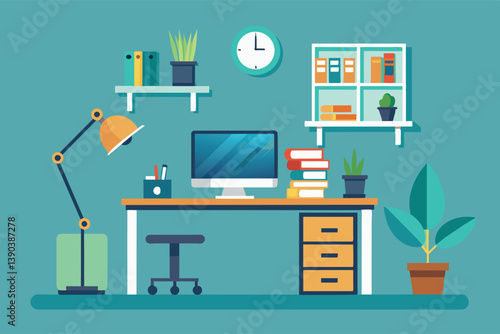 A modern home office desk with a computer, desk lamp, books, and plants. The desk has a drawer unit and a swivel chair.