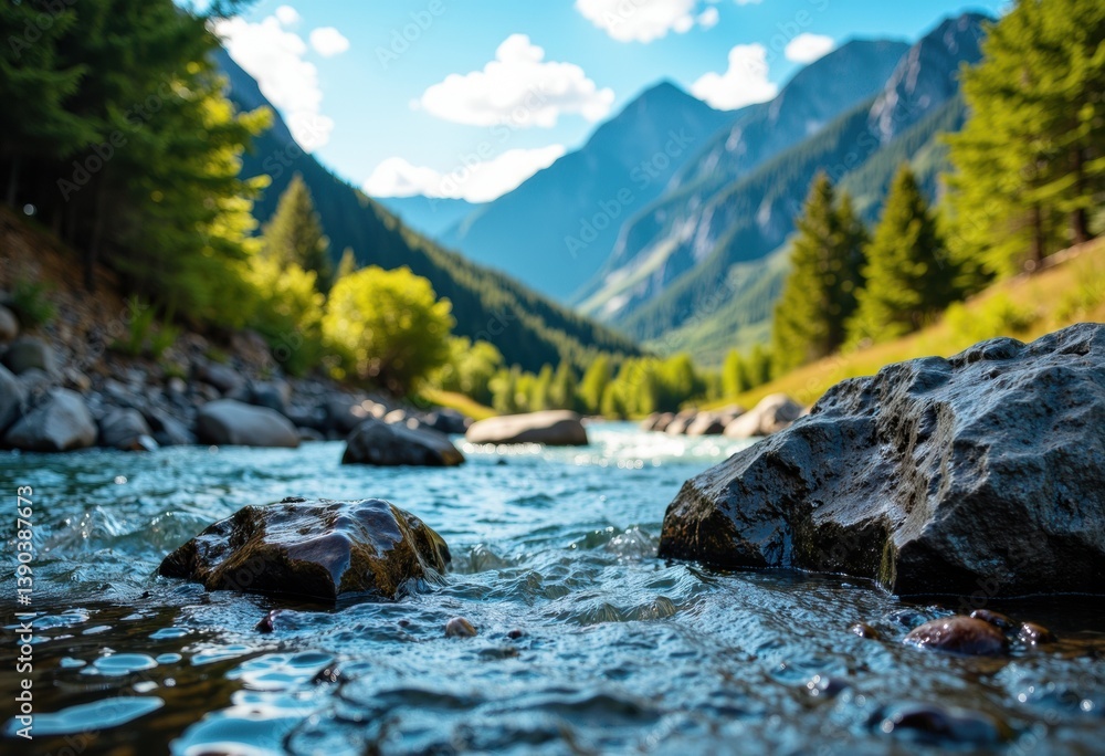 Serene river flowing through a lush green valley surrounded by mountains Serene river flowing through a lush green valley surrounded by mountains