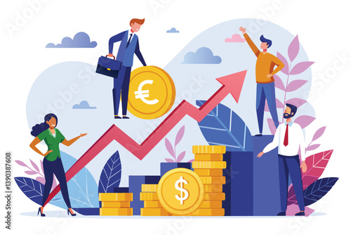 An illustration showing four business professionals celebrating a financial uptrend with a large euro coin and stacks of dollar coins, signifying success and growth.