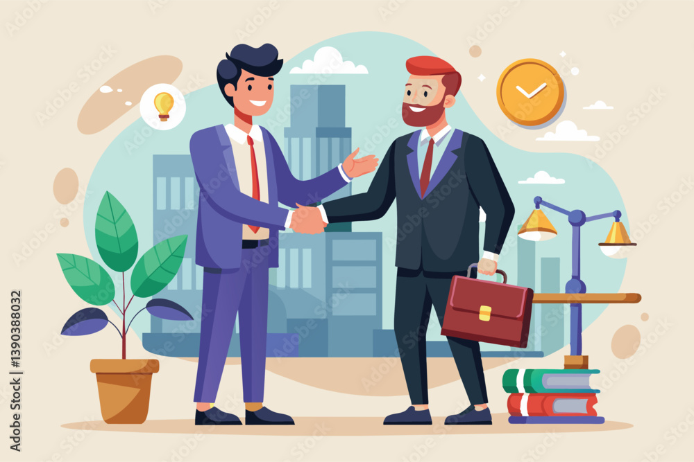 Two businessmen in suits shake hands in front of a cityscape with a law symbol and books. Two businessmen in suits shake hands in front of a cityscape with a law symbol and books.