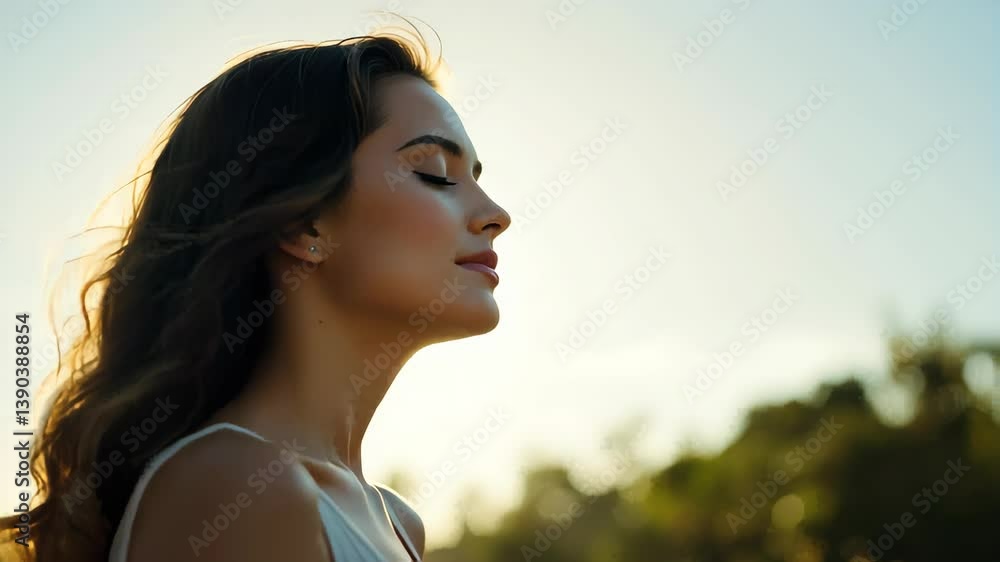 Young woman enjoying peace in nature against a sunset background Young woman enjoying peace in nature against a sunset background