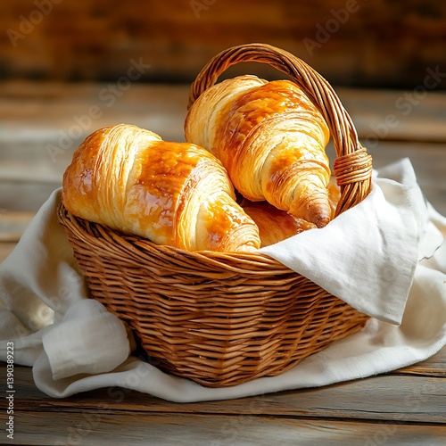 Freshly Baked Croissants in a Basket with White Linen on Wooden Table photo