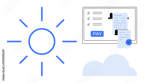 Digital payment screen, receipts, sunny icon, cloud illustration. Ideal for online payments, e-commerce, finances, technology cloud computing convenience sunny day metaphor. Abstract line flat