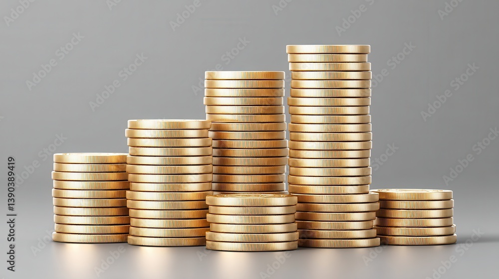 Upward growth of financial success stacks of shiny coins on Upward growth of financial success stacks of shiny coins on