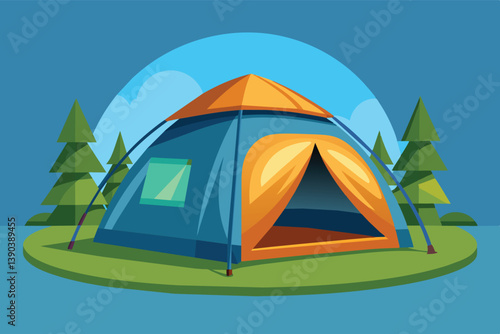 A cartoon image of a blue and orange tent set up in a clearing in a forest, with trees visible in the background.
