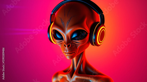 Alien, headphones, neon, futuristic, extraterrestrial, music, colorful, sci-fi, glowing, cyber, tech, vibrant, electronic, DJ, rave, party, space, otherworldly, modern, digital, illuminated, surreal, 