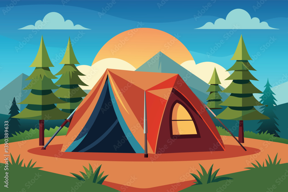 A colorful illustration of a camping tent set up in a forest clearing with mountains in the background, as the sun sets. A colorful illustration of a camping tent set up in a forest clearing with mountains in the background, as the sun sets.
