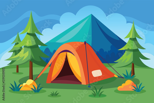 A cartoon illustration of a camping tent set up in front of a mountain on a sunny day. Two pine trees frame the scene.