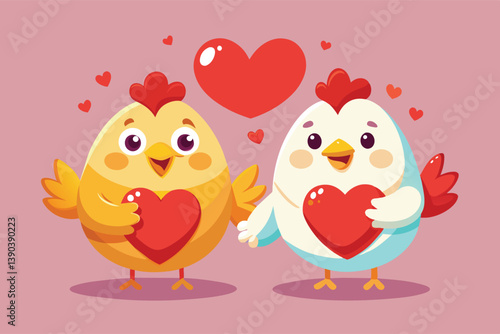 Two chickens holding red hearts stand on a pink background. One is yellow, the other white, both smiling and in love with red combs and waddles.