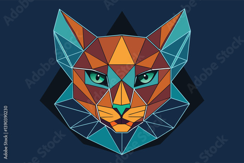 A digital illustration of a cats face rendered in geometric shapes, primarily teal and orange. The cats eyes are a vibrant green.