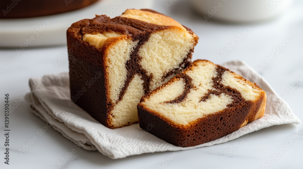 Delicious marble cake sliced and served on a linen napkin in a cozy kitchen environment