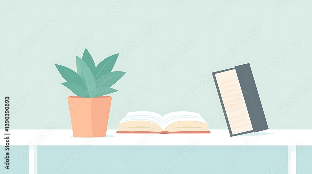 Open book, plant, and closed book on shelf. Open book, plant, and closed book on shelf.
