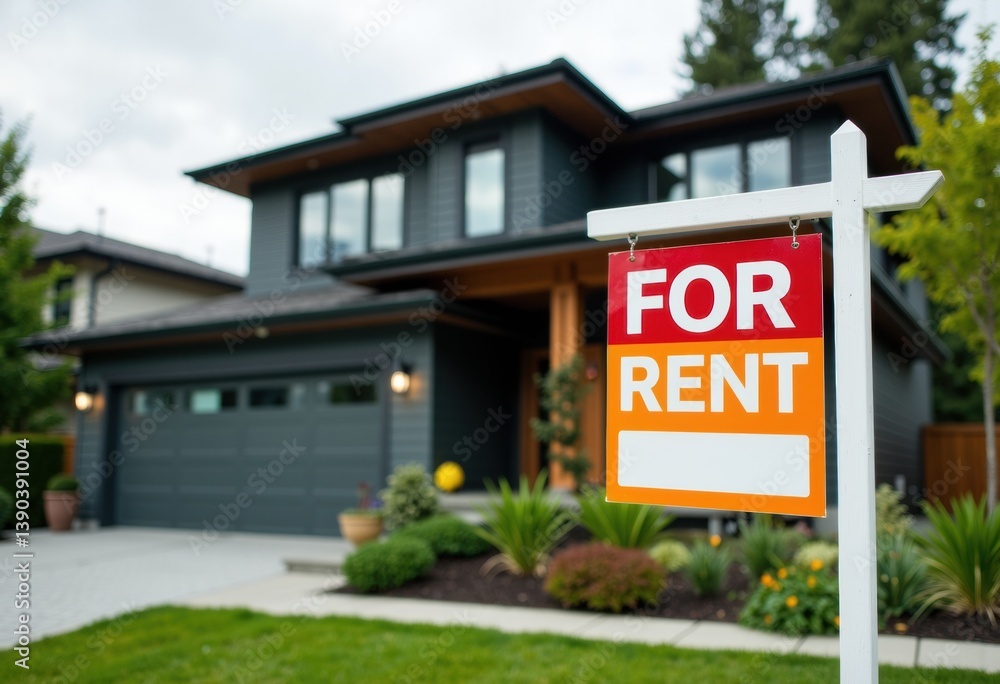 Modern house with a vibrant For Rent sign in front of a well-maintained garden Modern house with a vibrant For Rent sign in front of a well-maintained garden