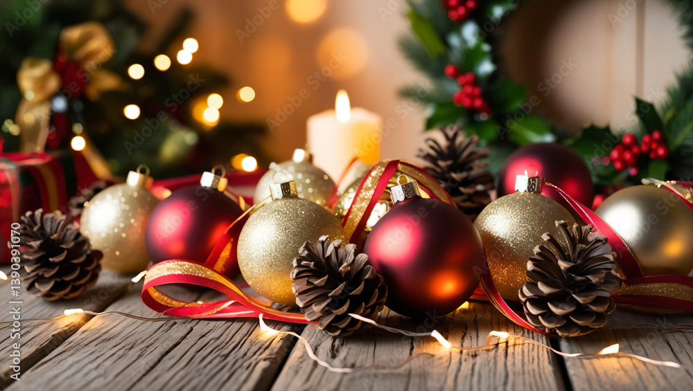 Christmas Decorations on a Wooden Table Christmas Decorations on a Wooden Table