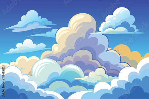 A digital illustration of fluffy clouds in a bright blue sky. The clouds are white, light blue, and gray with a cartoon-like appearance.