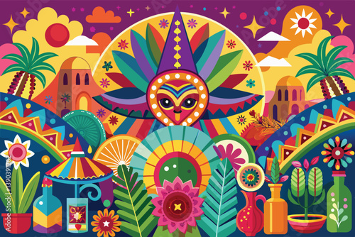 A colorful and vibrant illustration with a masked figure at its center surrounded by tropical plants, flowers, and a stylized cityscape. The background features a sun, clouds, and stars.