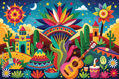 An illustration depicting various elements of Mexican culture, including a guitar, cactus, flowers, and a traditional building.
