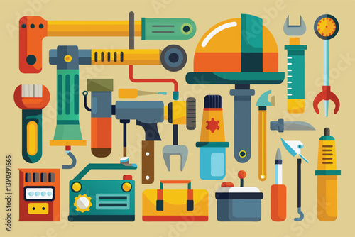 An illustration featuring various tools and equipment in a flat design style, showcasing a colorful and diverse range of tools for various tasks.