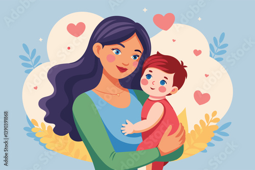 A cartoon illustration depicting a mother with long, dark hair smiling as she holds her toddler child. Hearts are scattered around the mother and child on a blue background.