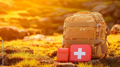  Military backpack placed next to a medical health pouch, set on a rugged surface, evoking preparedness and survival