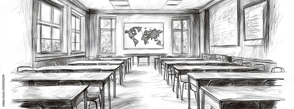 Fototapeta premium The interior of a modern school classroom is shown in a black and white sketch illustration