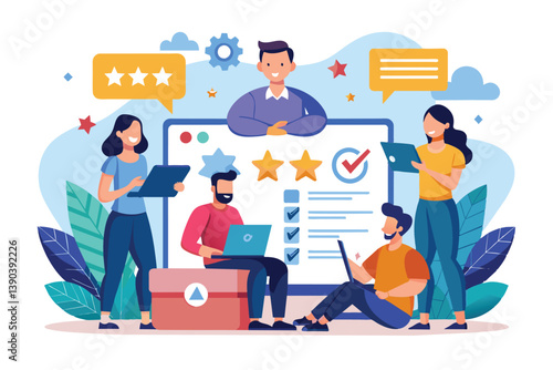 4 individuals collaborating on a project, using technology, giving feedback, and striving for success and positive results.