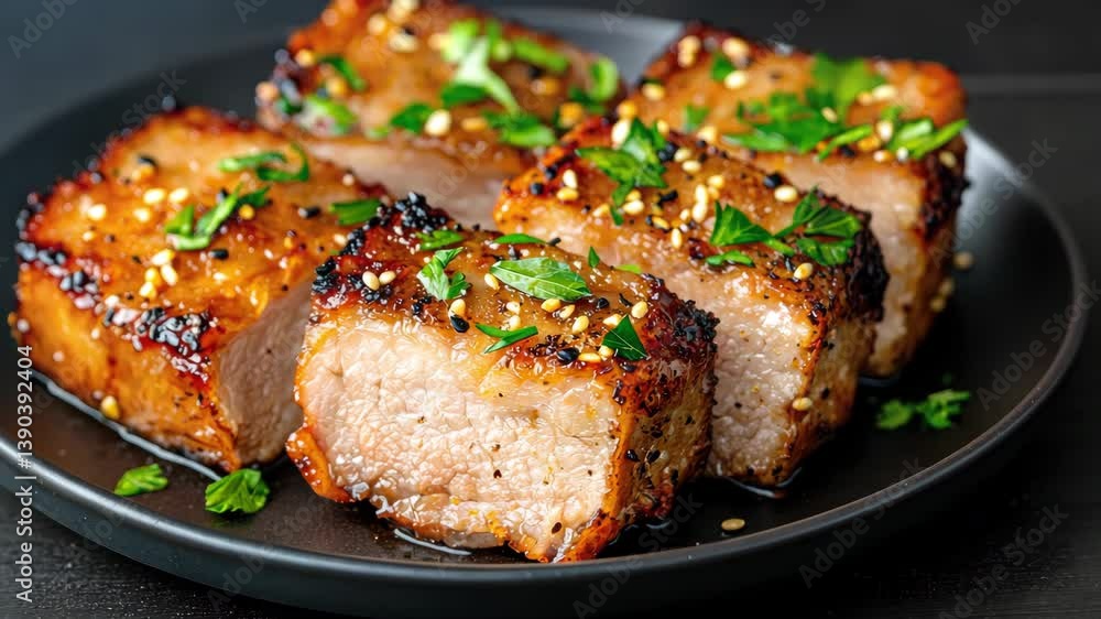 Sliced Grilled Meat with Herbs on Dark Plate for Culinary Delight Sliced Grilled Meat with Herbs on Dark Plate for Culinary Delight