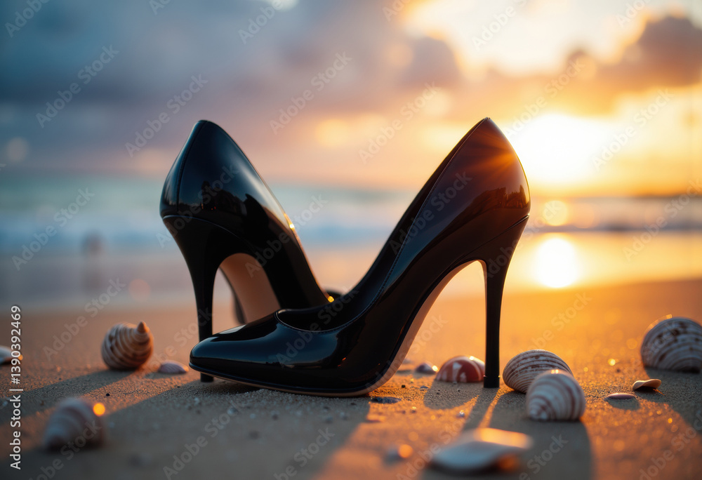 Naklejka premium Elegant black high heels on a sandy beach at sunset with seashells