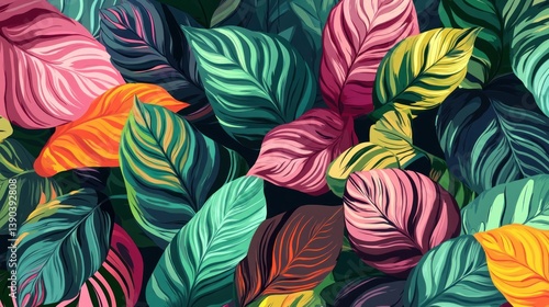 Wallpaper Mural Vibrant overlapping tropical leaves in various hues Torontodigital.ca