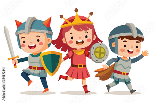 An illustration of three children, a girl and two boys, dressed in cartoon knight and princess costumes, running forward with smiles.