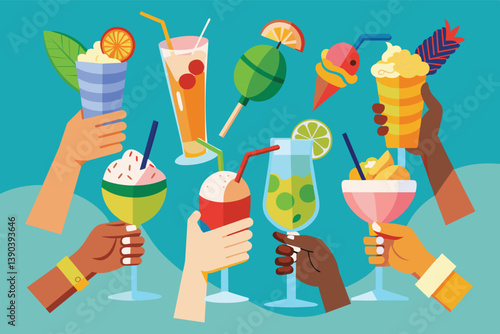 A vibrant illustration of multiple hands holding colorful cocktails and drinks, perfect for summer celebrations and gatherings.