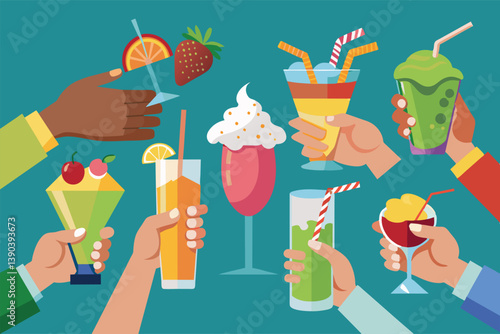 An illustration of eight hands holding colorful cocktails, featuring a variety of styles, toppings, and garnishes.