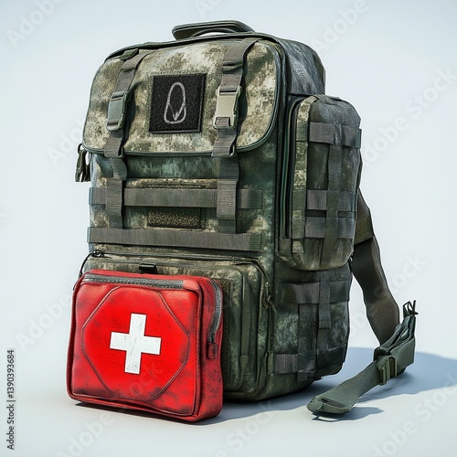 Wallpaper Mural  Military backpack placed next to a medical health pouch, set on a rugged surface, evoking preparedness and survival Torontodigital.ca