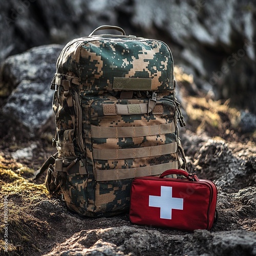  Military backpack placed next to a medical health pouch, set on a rugged surface, evoking preparedness and survival