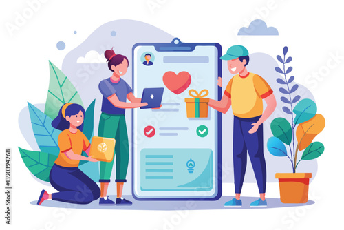 Illustration shows online charity platform with 3 people on a large smartphone: one is donating, one receiving, and one managing.