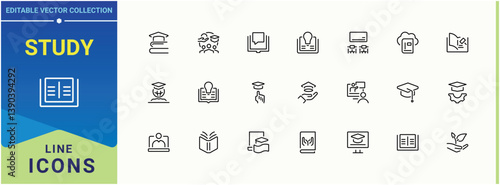 Study line icon set. Contains related to knowledge, course, e-learning, class and more. Education icon collection. Minimal thin line web icons set. Editable stroke collections.