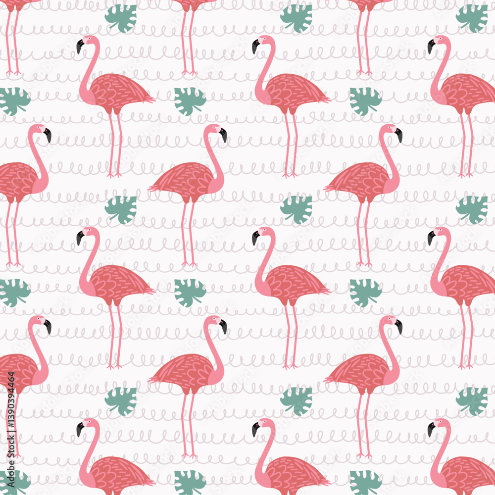 Obraz premium Seamless trendy pattern with cartoon flamingo. Simple vector illustration for prints, clothing, packaging and postcards.